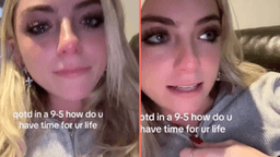 Woman breaks down in tears after working her first shift in a 9 to 5 job